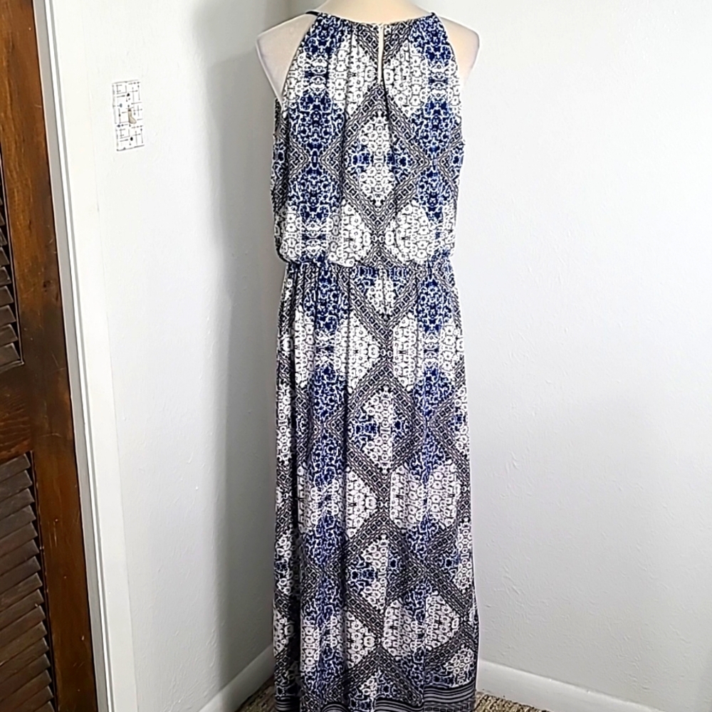 London Times Elegant Navy & White Print Maxi-Dress, Spaghetti Straps, Size 14 - Picture 7 of 10